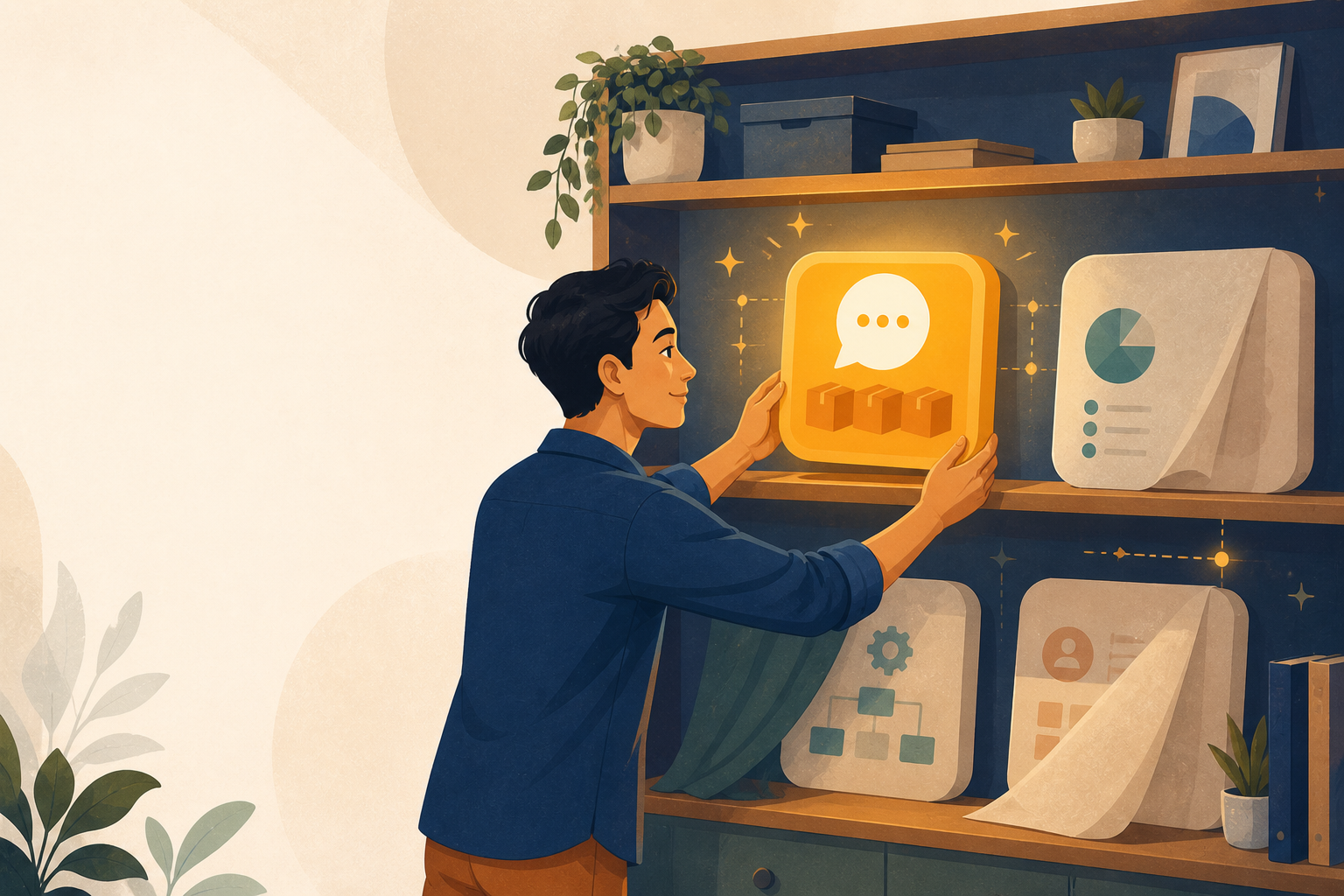 Rak digital futuristik dengan beberapa aplikasi yang akan segera hadir