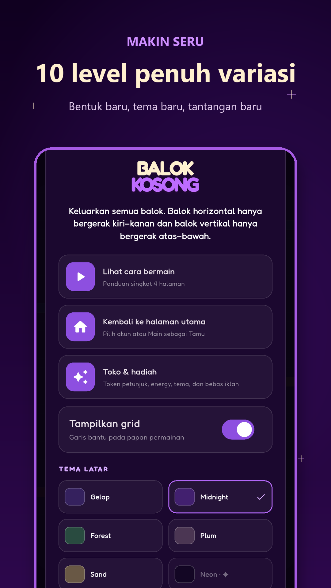 BalokKosong levels and themes